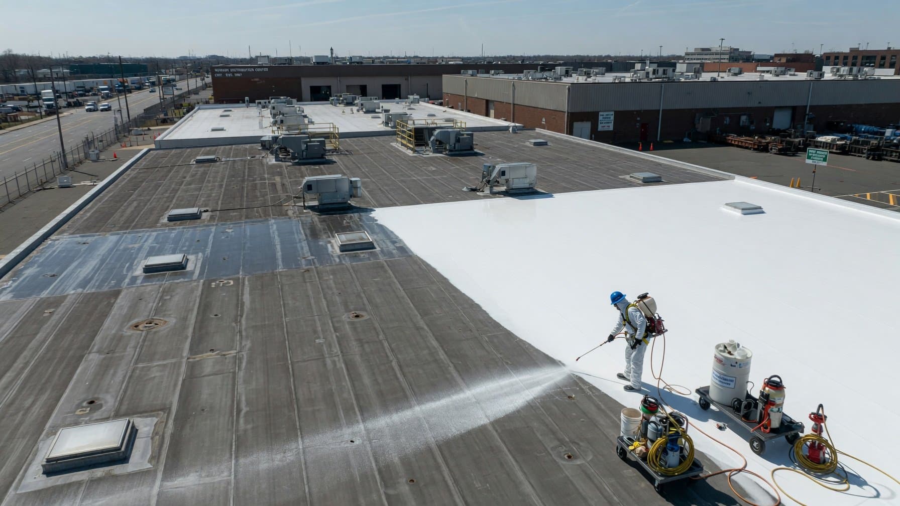 Commercial flat roof restored with a white silicone roof coating system in Hawthorne, New Jersey.